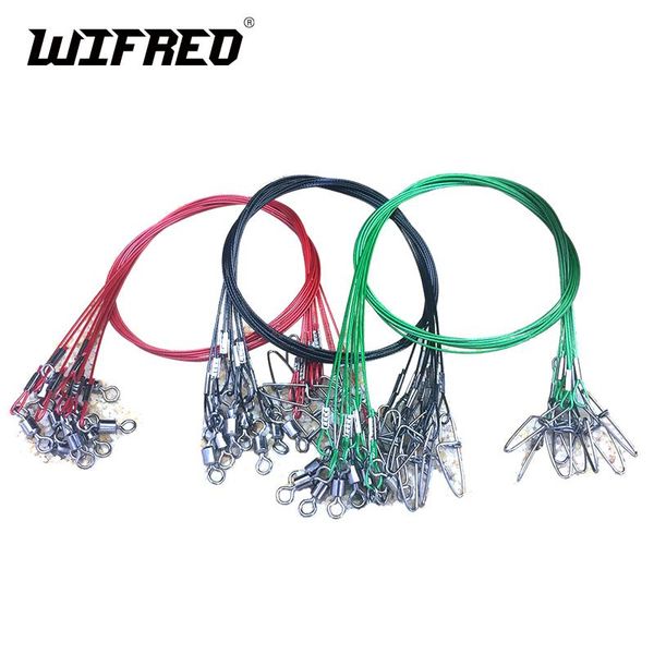 

wifreo 10pcs fishing lures stainless steel trace wire leader swivel tackle spinner line 50cm 150lb red green black hooks