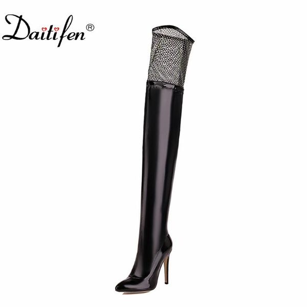 

boots daitifen pu women high heel designer thin shoes mesh patent leather pointed toe over-the-knee botas mujer 2022, Black