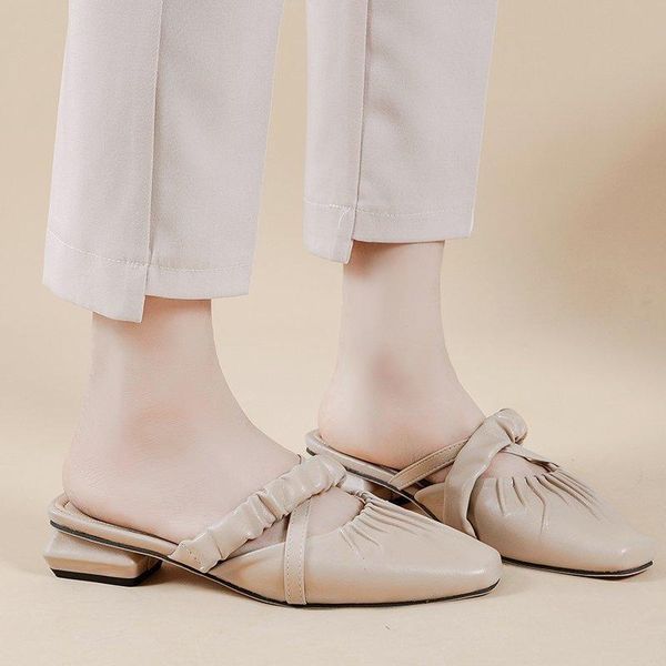 

slippers women's muller shoes 2021 summer korean mid-heel women folds temperament outer wear baotou half, Black