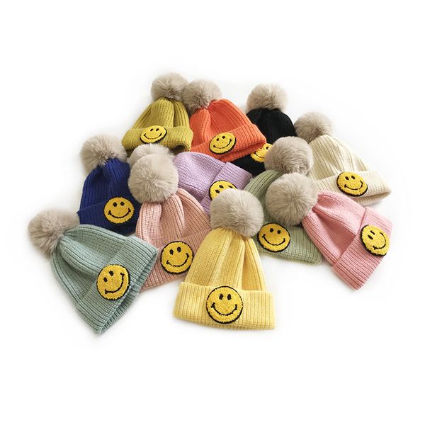 M356 novo outono inverno bebê crianças de malha chapéu doce cor desenhos animados sorriso rosto lã bola tampas crianças feijão de malha gorro meninos meninas chapéus
