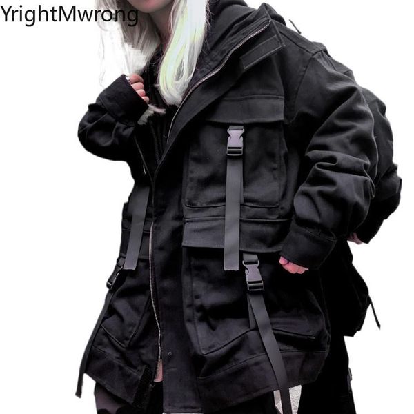 

techwear ribbon belt cargo pocket zipper hooded jacket loose man women punk hip hop streetwear coat windbreaker bomber overcoats women', Black;brown