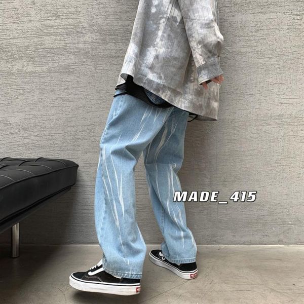 

men's jeans spring summer tie-dye men korean fashion loose print casual harajuku streetwear hip-hop retro mopping, Blue
