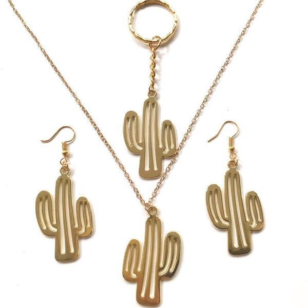 

earrings & necklace gold color hollowed out cactus pendant summer jewelry set link chain jewellery women fashion party gift, Silver