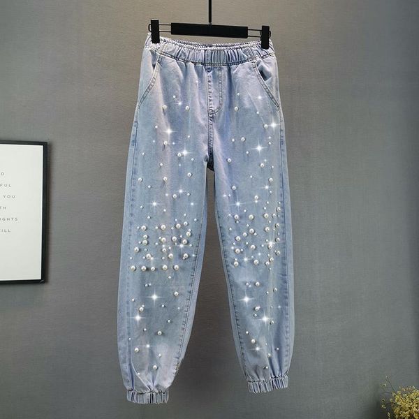 

thin beaded women jeans summer high waist pocket harem wide leg ankle length female women's, Blue