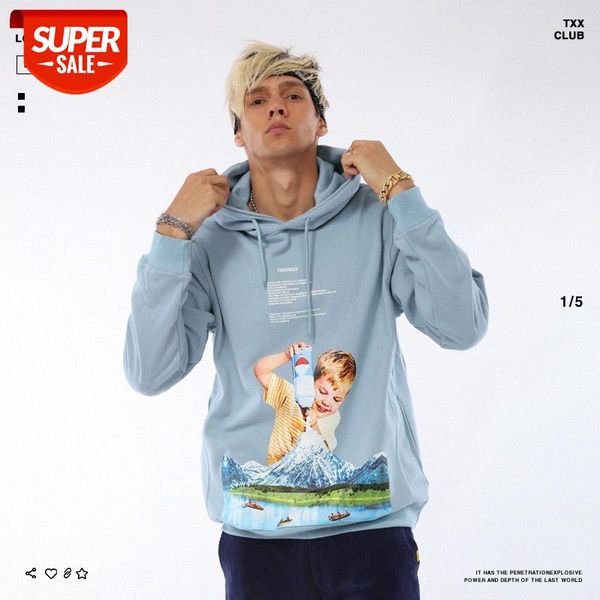 

18 men's clothing artificial snow mountain print hooded sweater #vg4t, Black