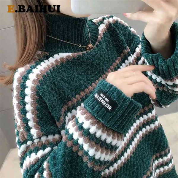 

ebaihui vintage chenille sweater womens full sleeve velvet sweaters winter ladies solid turtleneck loose female jumpers 210522, White;black