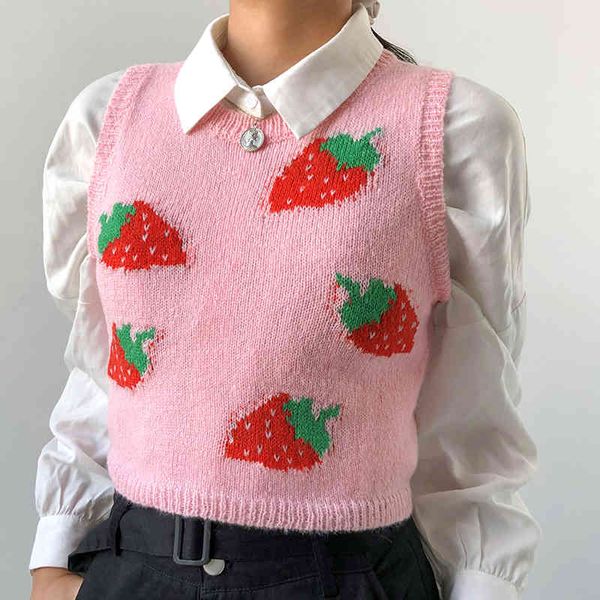 

sweet strawberry pattern pink sweater vest women y2k aesthetic sleeveless knitted cute crop autumn preppy style jumper 210415, White