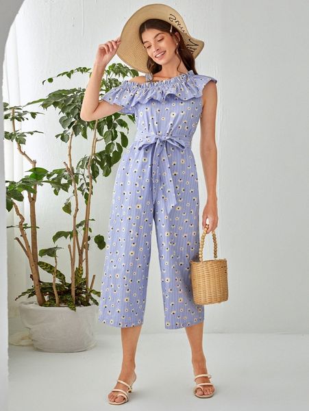 

asymmetrical neck floral belted jumpsuit p3xy#, White