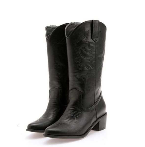 

plus size 34 to 44 45 46 47 48 49 classic cowboy mid calf boots booties winter designer shoes add plush, Black