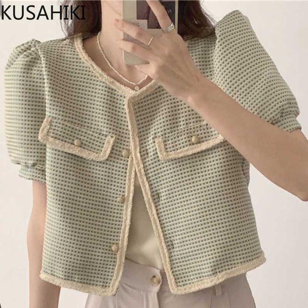 

kusahiki korean lantern sleeve elegant woman jacket causal single breasted short coat contrast color fashion outwear 6h409 210602, Black;brown