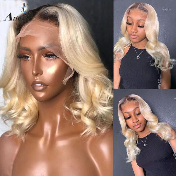 

ombre 613 blonde hd lace wig human hair transparent wigs body wave short bob glueless pre plucked for women remy 150 atina1, Black;brown