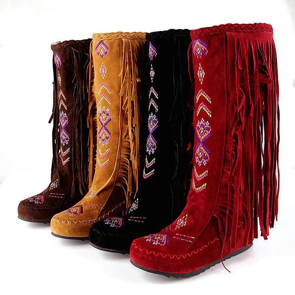 

fashion chinese nation style flock leather women fringe flat heels long boots woman tassel knee high size 34-43, Black
