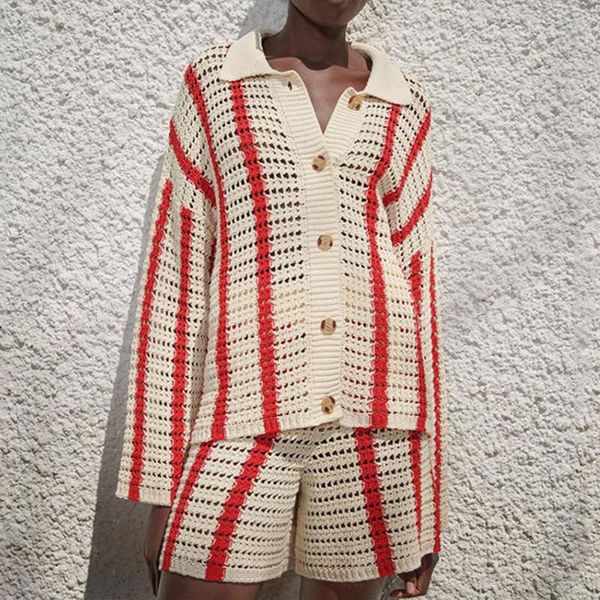 

women's tracksuits hirigin 2021 women casual loose single button long sleeve sweater hollow out female pants striped knitted two piece, Gray