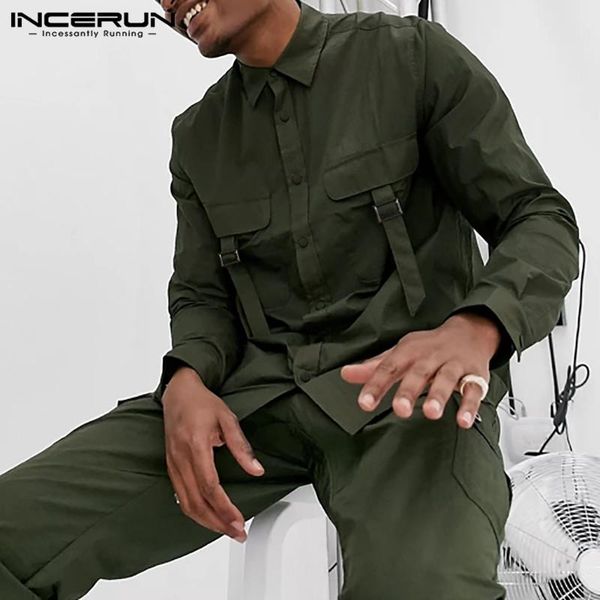

men casual shirt solid color turn down collar long sleeve streetwear cargo shirts button fashion camisas hombre s-5xl men's, White;black