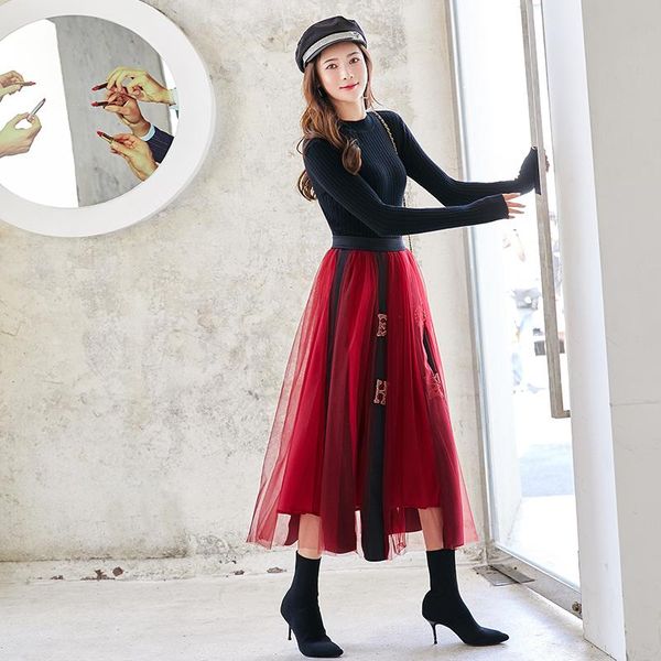 

two piece dress 2021 autumn winter fashion clothing beading mesh patchwork long sleeves o-neck pieces women's sets female, White