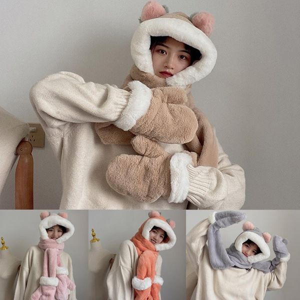 

beanies winter women's cap bear plush hat scarf one-piece fashion women outdoor thicken plus fleece cute 2021