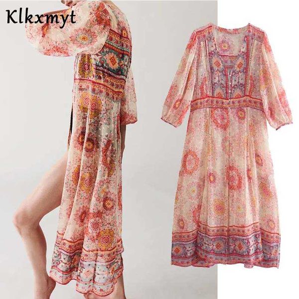 Klkxmyt za vestido de verão mulheres moda floral impressão midi mulher casual manga curta v pescoço festa feminina es vestido 210527