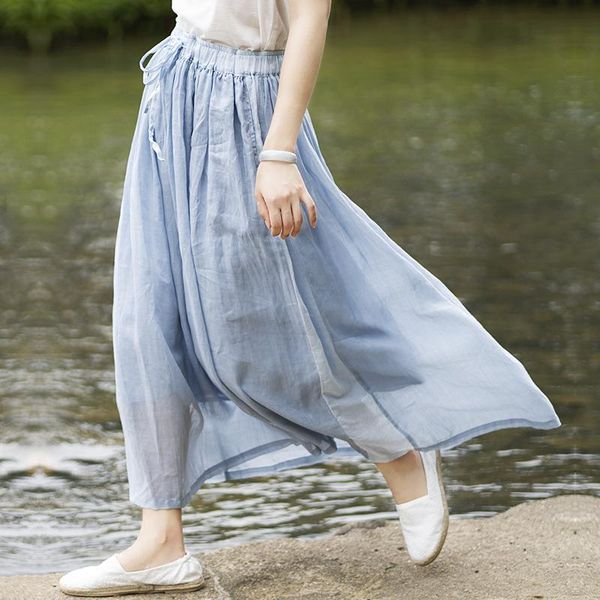 

skirts ramie fairy spirit women's summer half skirt art style thin sen series drawstring a-line a28, Black