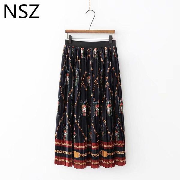 

skirts women satin chain print pleated skirt elastic high waist female loose midi elegant christmas faldas mujer, Black