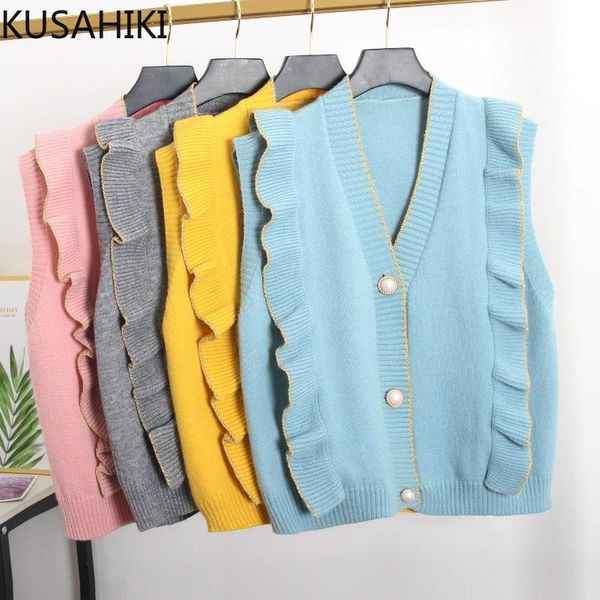 

women's knits & tees kusahiki sleeveless v-neck sweater vest women causal chic ruffle patchwork knitted cardigan 2021 knitwear jacket 6, White