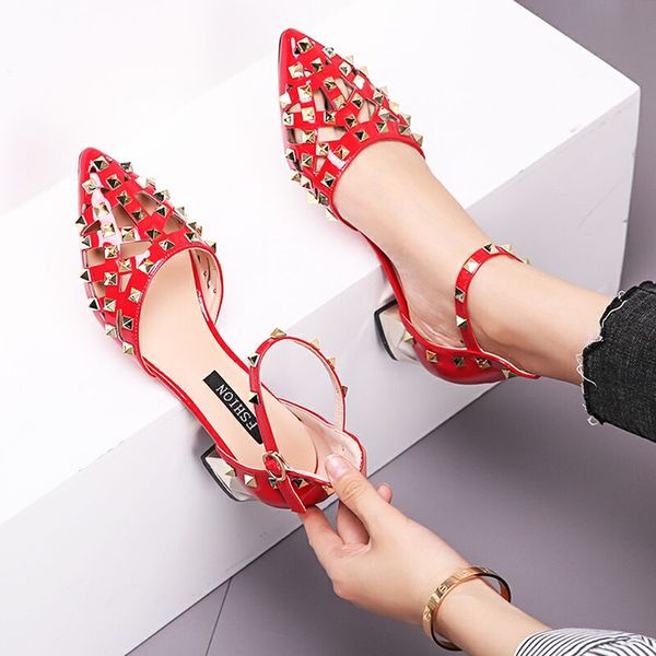 

rivet sandals 2021 summer women hollow out pointed shoes girls thick heels non-slip slippers female roman sandal 35-39, Black