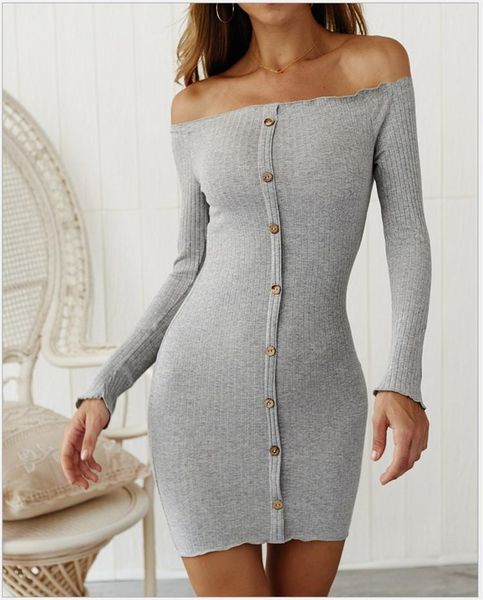 

casual dresses autumn winter solid color fashion stitching single breasted cotton pit strip off shoulder bag hip dress women's clothing, Black;gray