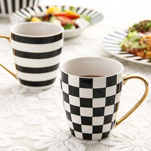 

mugs ceramic black and white stripe lattice with gold handle spoon modern home decor personalized kitchen office coffee tea cups