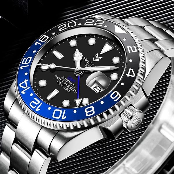 

wristwatches lige design men gmt automatic mechanical watch ceramic bezel 316l stainless steel 100atm waterproof clock sapphire glass watche, Slivery;brown