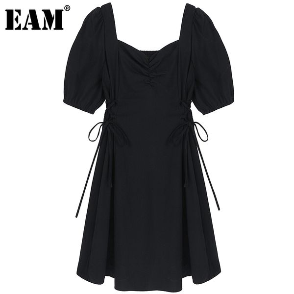 

[eam] women black pleated backless dress square neck puff short sleeve loose fit fashion spring summer 1dd8001 210512, Black;gray