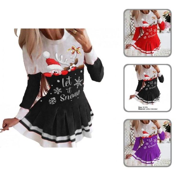 

casual dresses deer print fabulous o neck festive christmas dress letter party pleated for year, Black;gray