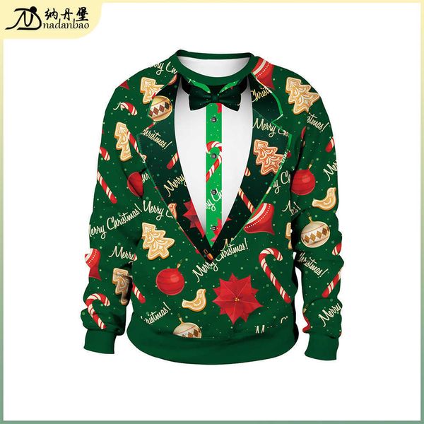 

new imitation gentleman suit christmas digital printing pattern pullover round neck christmas couple's sweater, Black