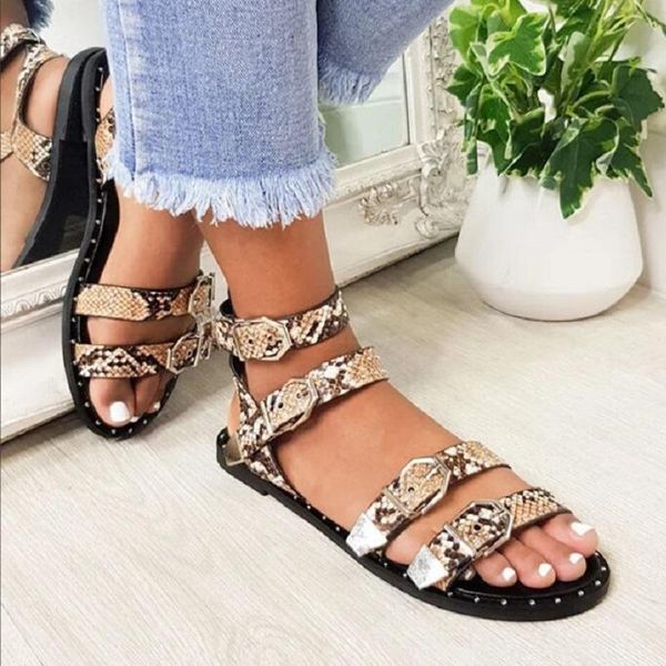 

summer women beach flat sandals snake print open toe gladiator ladies shoes rivet buckle strap platform roman, Black