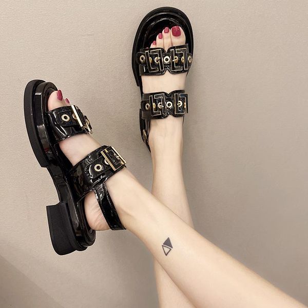

slippers summer fashion sandals women women's 2021 metal embellished platform shoes casual comfortable open toe, Black