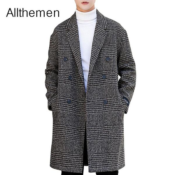 

men's wool & blends autumn winter warm retro wind coat double breasted mens long overcoat men casual business houndstooth jacket, Black