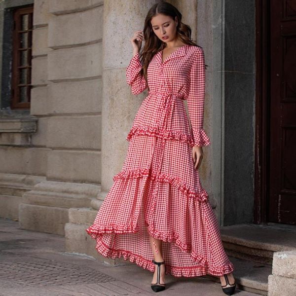 

casual dresses fashion female retro cascading ruffle dress loose women's single breasted plaid longer cake style wq1591 dropship, Black;gray