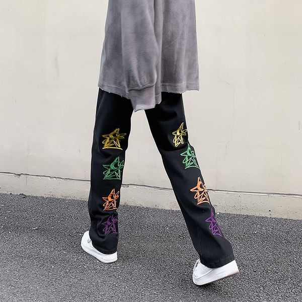 

men's jeans autumn winter embroidery denim pants 2021 streetwear washed jean men korean loose straight hip hop blue/black