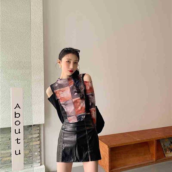 

women's t-shirt off the shoulder mesh long sleeve see through crop patchwork cold s trend fashion women z3xb, White