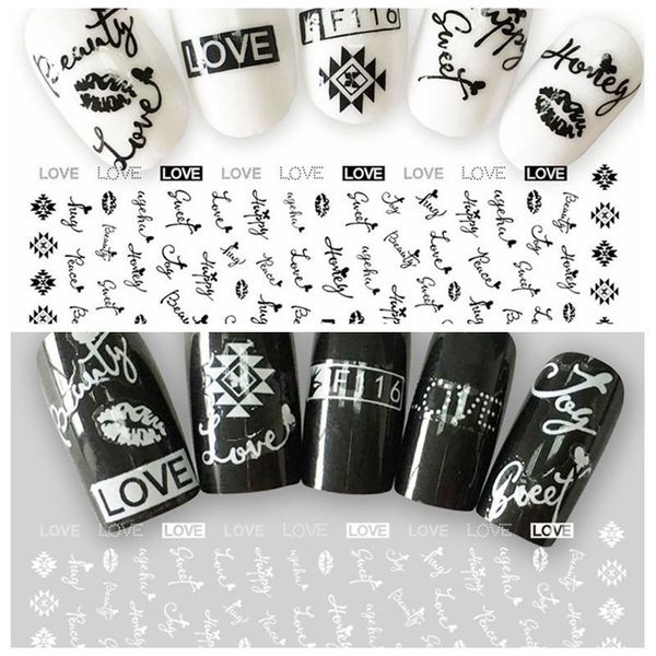 

sheet 3d black white love honey english letter pattern adhesive nail art stickers decorations diy salon tips f116#1