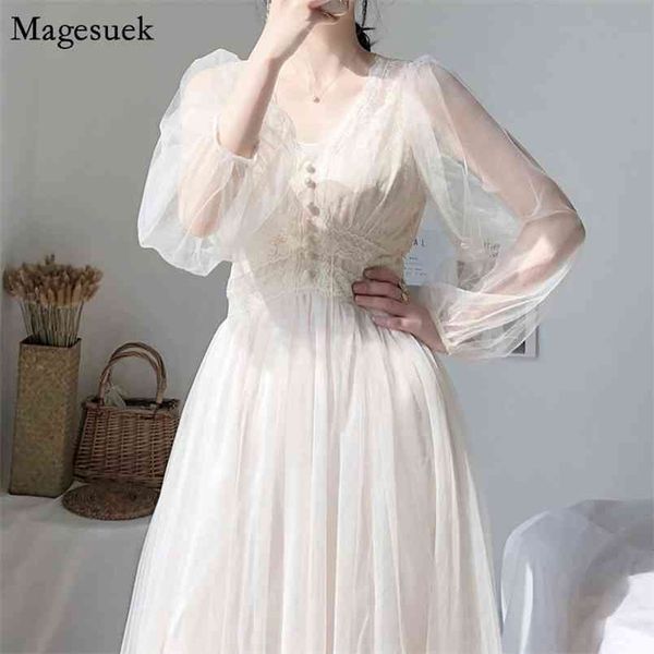 

vestidos spring summer elegant mesh dress women lace up white party long sleeve v-neck es for casual 8126 210512, Black;gray