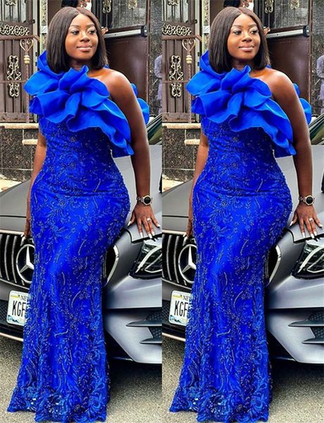 

2021 plus size arabic aso ebi royal blue mermaid prom dresses lace beaded one shoulder evening formal party second reception gowns dress zj6, Black