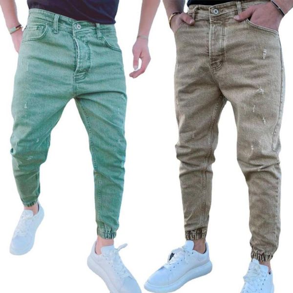 

men's jeans men slim fit pants ripped denim casual long, Blue