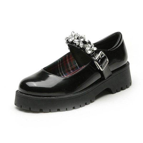 

dress shoes 2021 women block high heel mary janes shoe platform small leather round toe belt buckle rhinestone single, Black