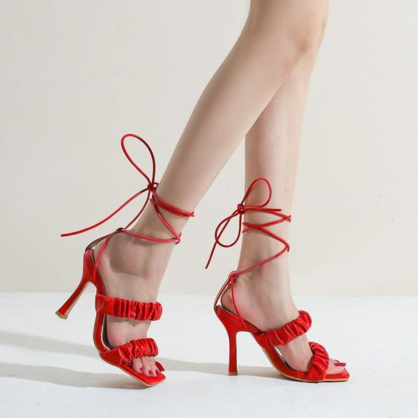 

sandals women's 2021 summer vacation party fashion modern pleated cross tied thin heels concise pumps, Black