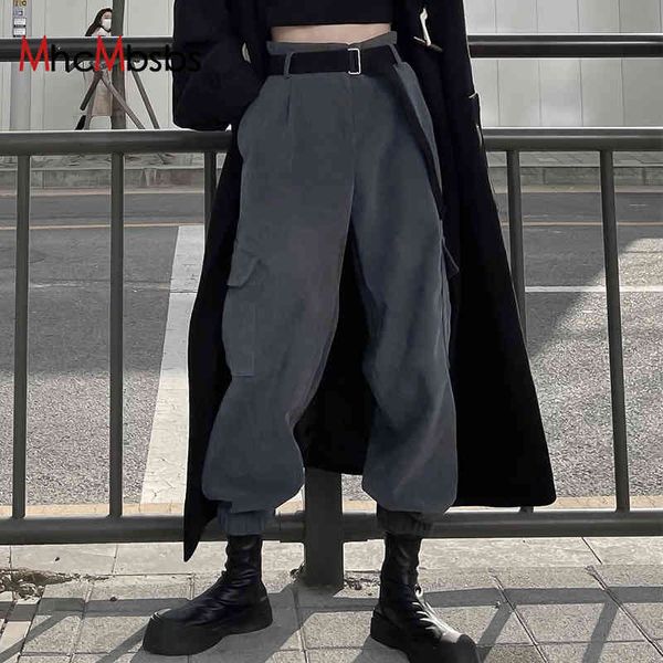 Frauen Jogger Cargo Hosen Hohe Taille Gürtel Tasche Jogginghose Hip Hop Stil Femme Grau Hosen Y2K Kleidung Harajuku Streetwear 210517