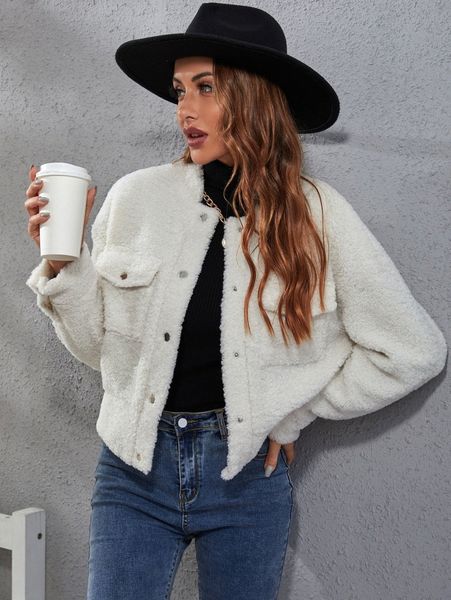 

drop shoulder flap pocket teddy jacket u1g7#, Black;brown