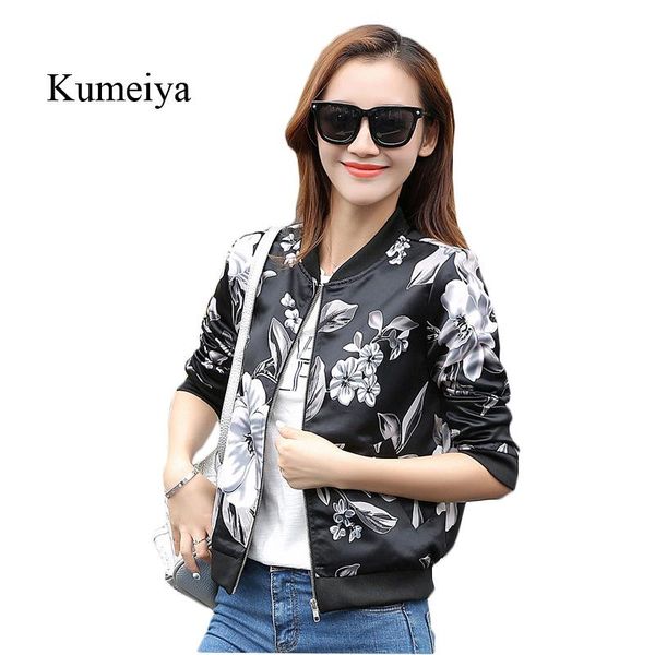 

women's jackets kumeiya autumn women coat fashion ladies floral printed zipper up bomber jacket casual short black baseball outwear, Black;brown