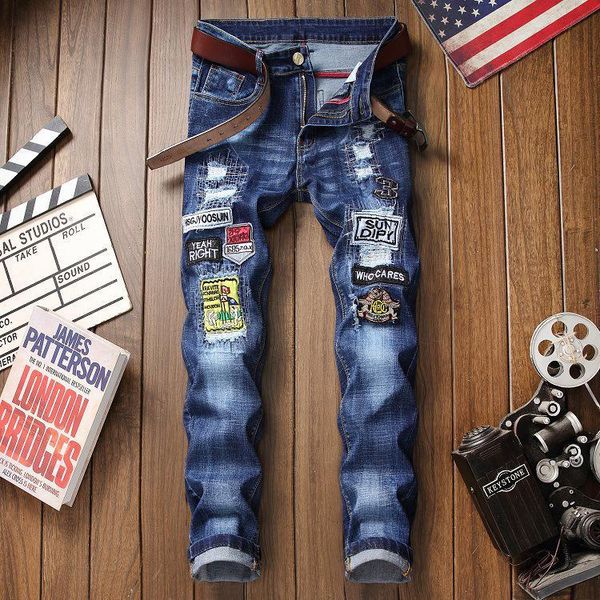 

arrivals men's fashion jeans ripped straight denim pants trousers, Blue