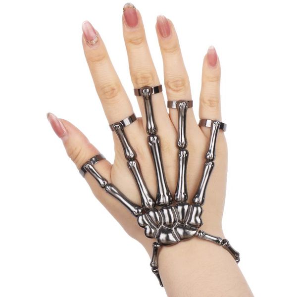 

punk handmade halloween wristband skull fingers metal skeleton hand bracelet with ring charm bracelets, Golden;silver