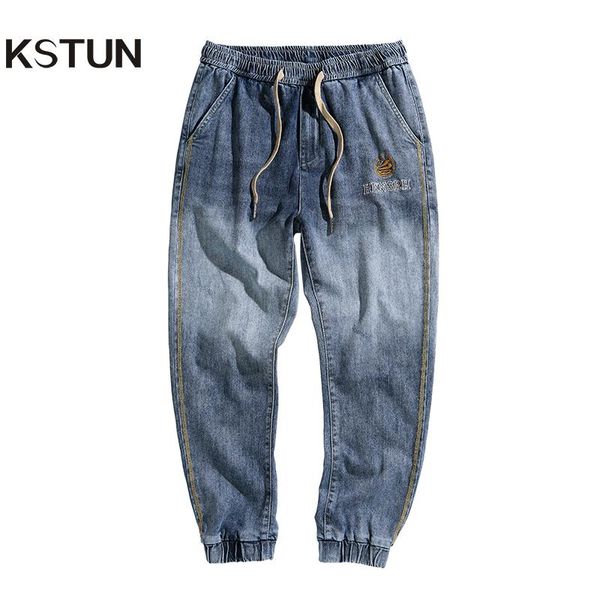 

men's jeans copped trousers elastic waist jogger pants, Blue