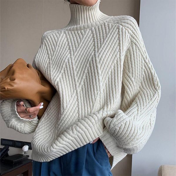 

women's sweaters lantern sleeve turtleneck thick lazy style knit loose solid basic jumper female autumn winter warm fashion coat, White;black